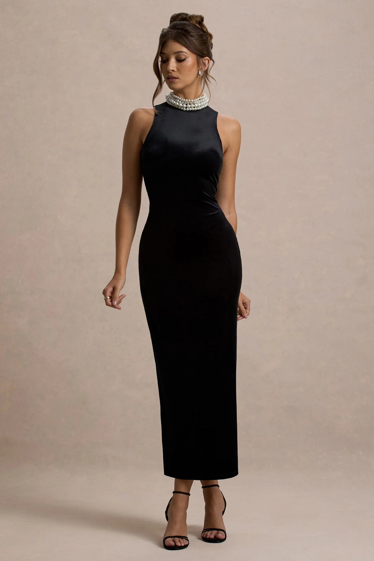 Audrine Black Velvet Embellished High Neck Maxi Dress