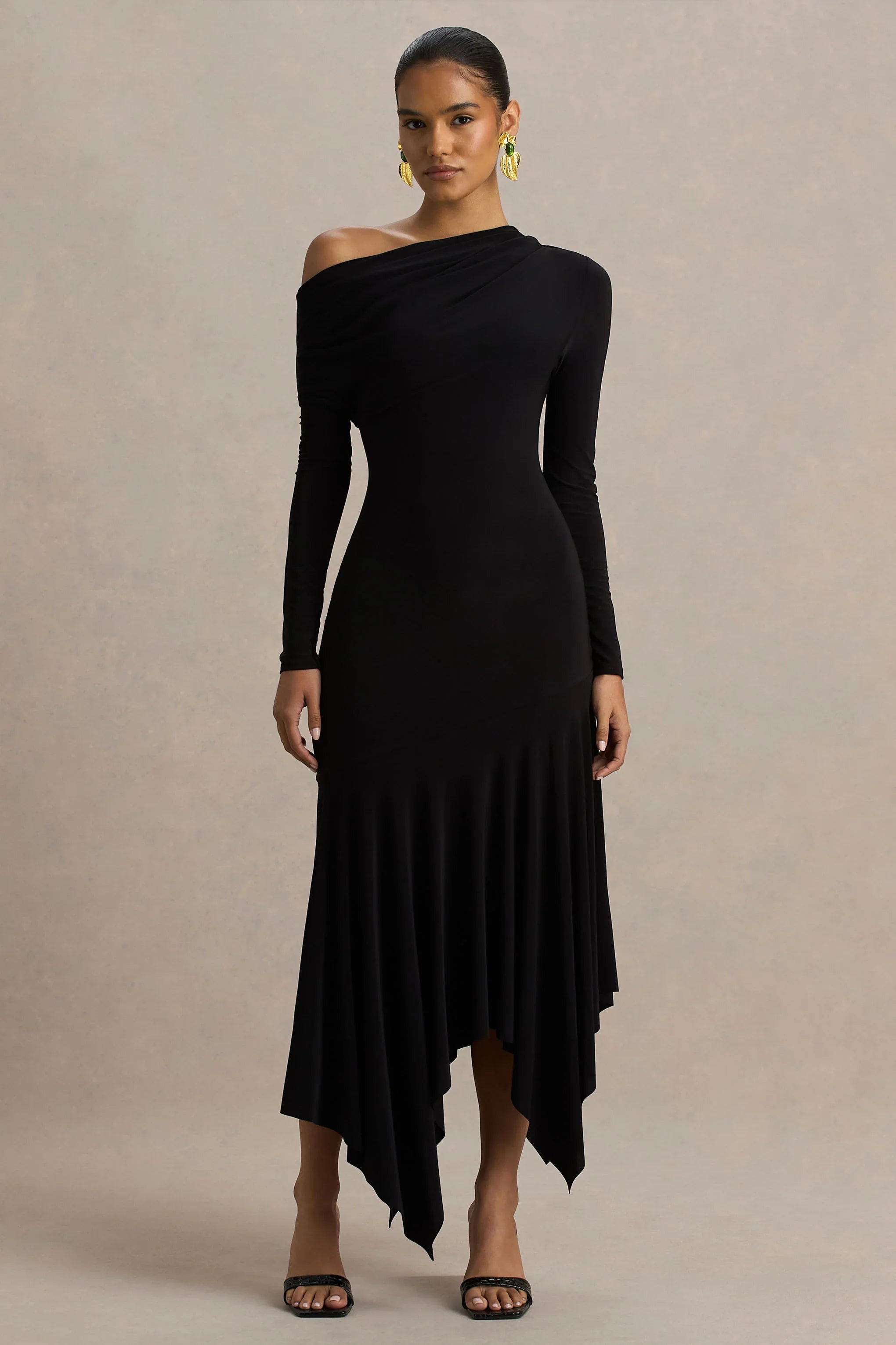 Isola Black Asymmetric Neck Midi Dress With Hanky Hem