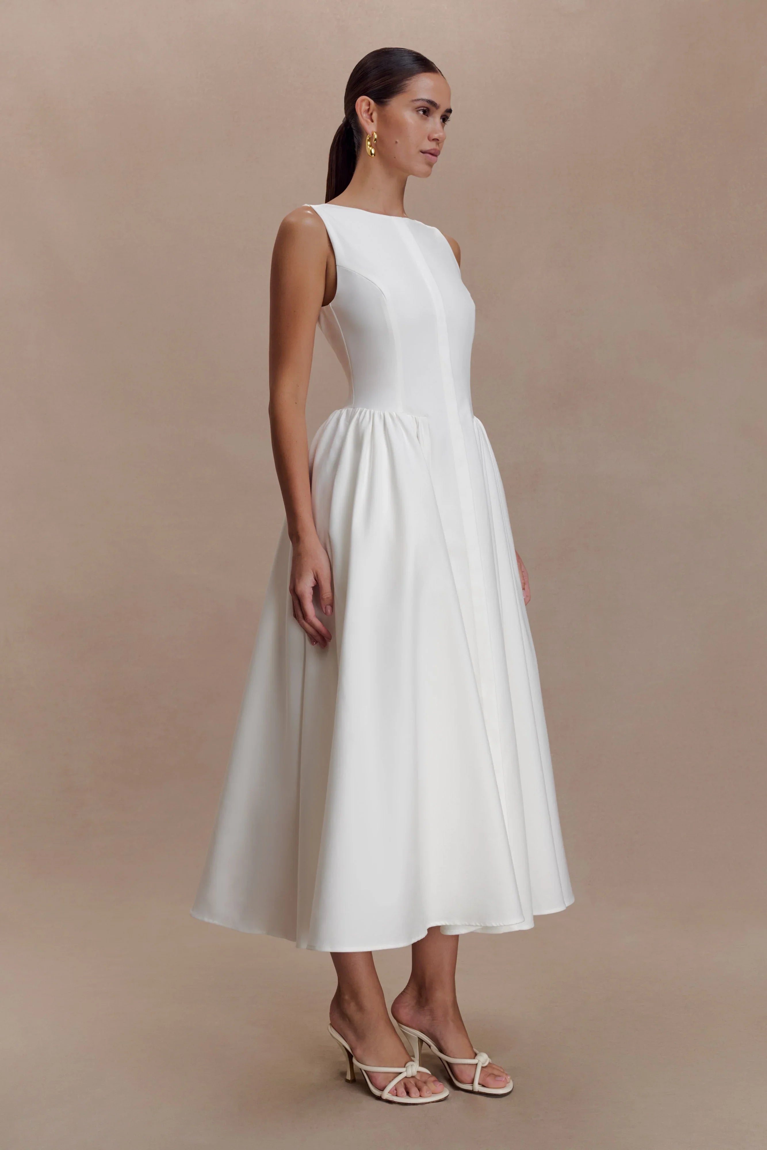 Monika Gathered Waist Cotton Midi Dress White