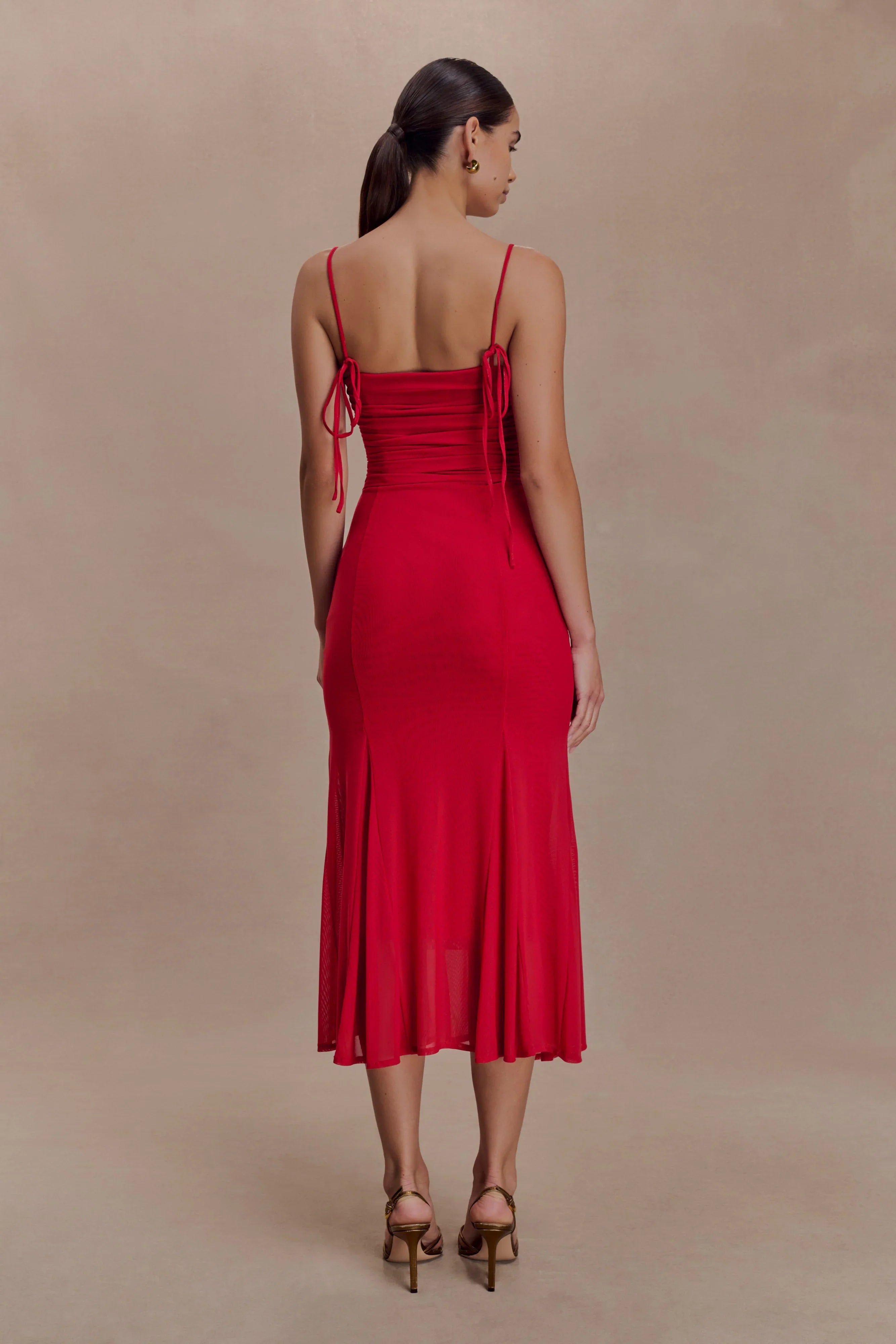 Willa Gathered Mesh Midi Dress Ruby