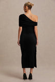 Zena Black Velvet Asymmetric Neck Maternity Midi Dress With Knot And Sash Detail