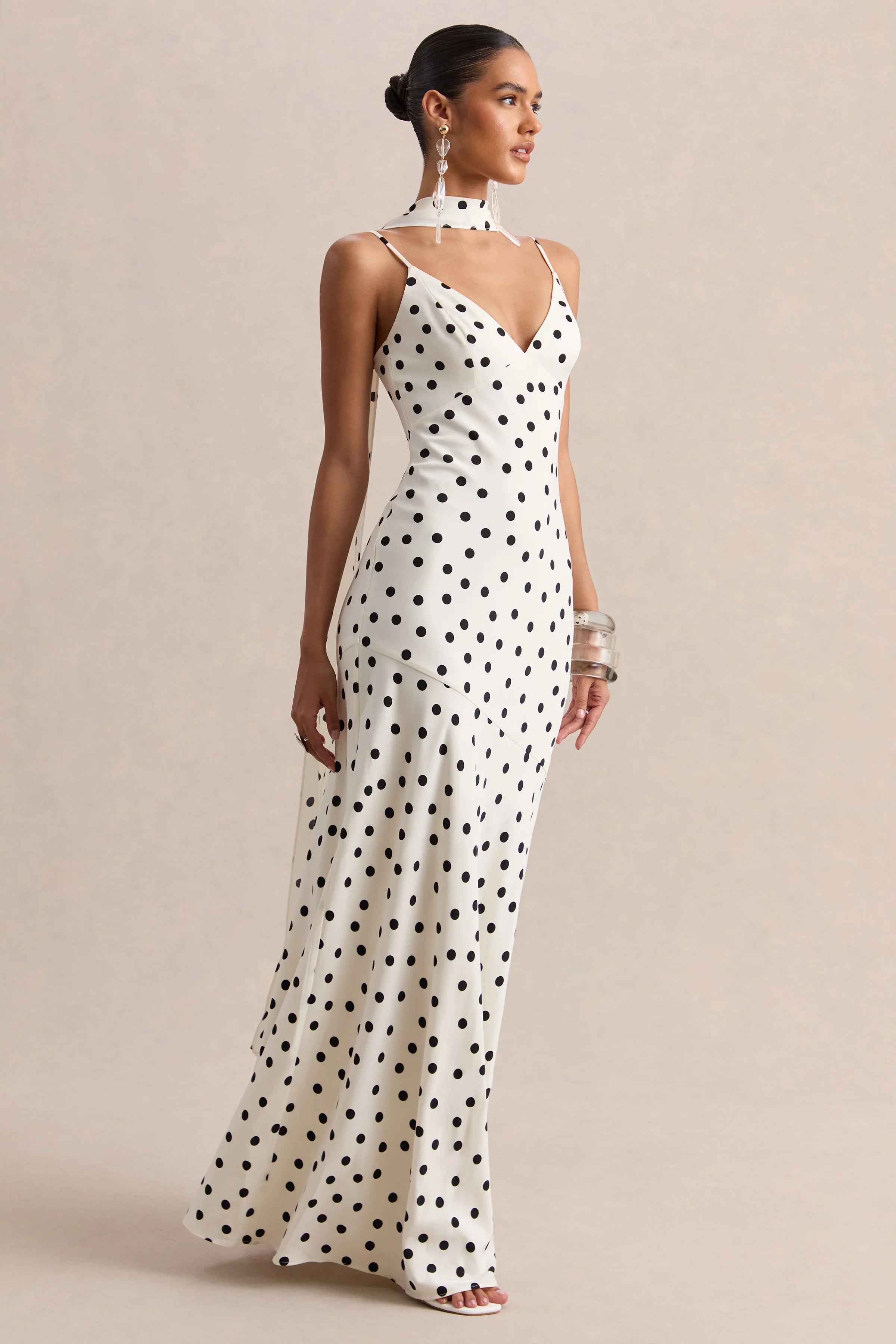 Starling White Black Polka Dot Matte Satin Plunge Neck Maxi Dress With Scarf Detail