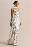 Starling White Black Polka Dot Matte Satin Plunge Neck Maxi Dress With Scarf Detail