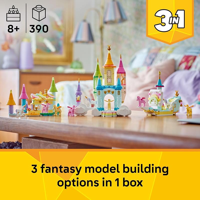 LEGO Creator 3 in 1 Unicorn Castle Building Toy for Kids Unicorn Toy Trio for Girls Boys Ages 8 Build 3 Pretend Play Toys with 1 Set of Building Blocks Gift Idea for Birthdays 31175