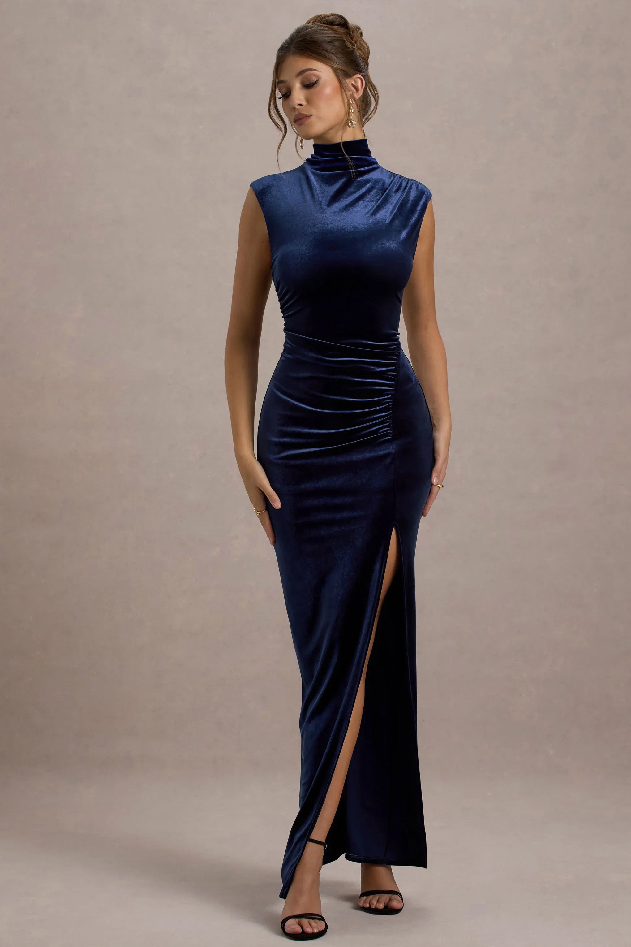 Abilene Navy Velvet High Neck Split Maxi Dress