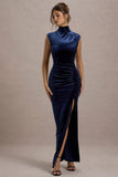 Abilene Navy Velvet High Neck Split Maxi Dress