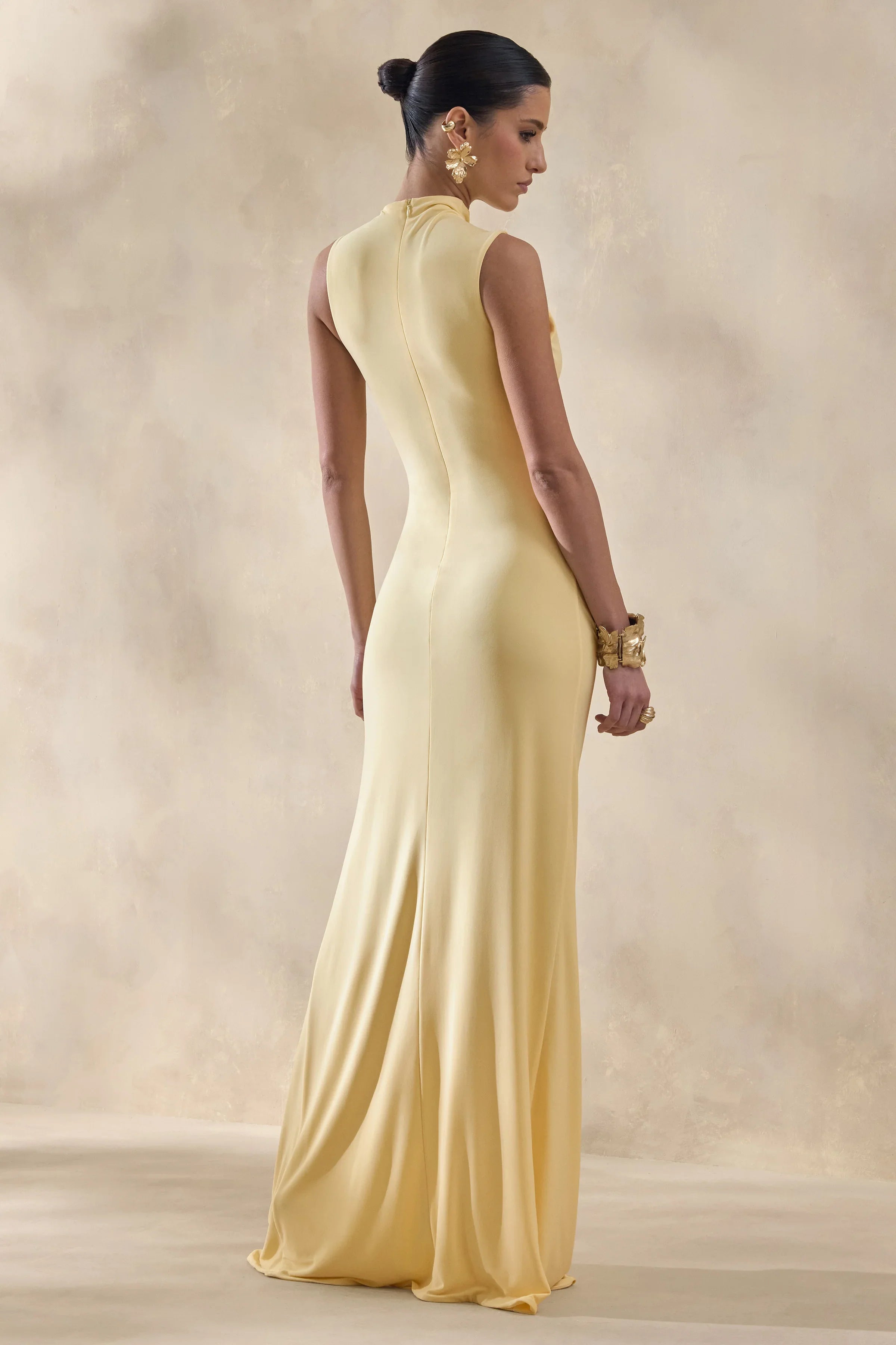 Helessia Lemon Asymmetric Neck Maxi Dress With Gathered Detailing And Sash