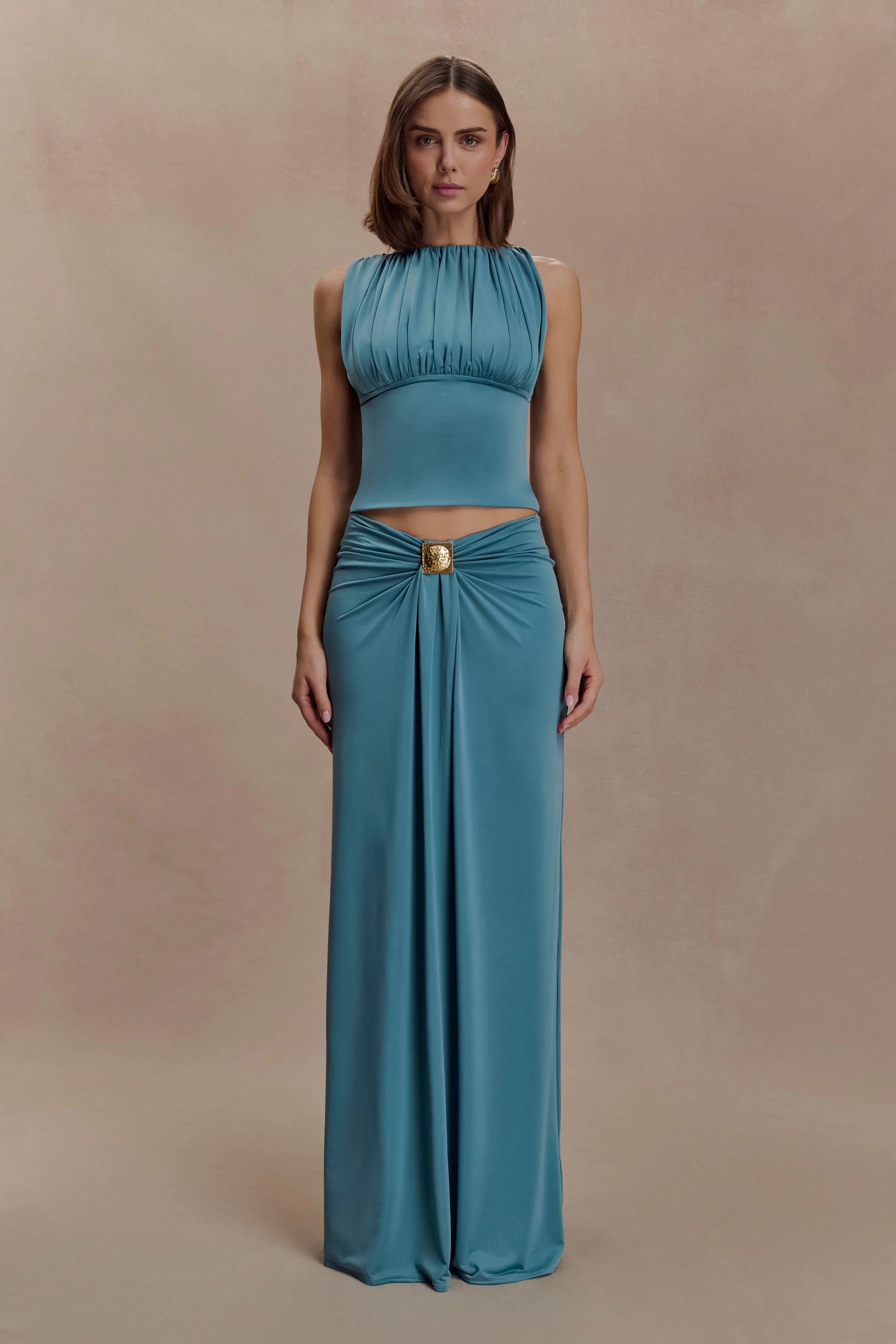 Erina Slinky Ruched Maxi Skirt With Hardware Teal