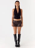 Coastline Faux Leather Micro Mini Shorts Chocolate