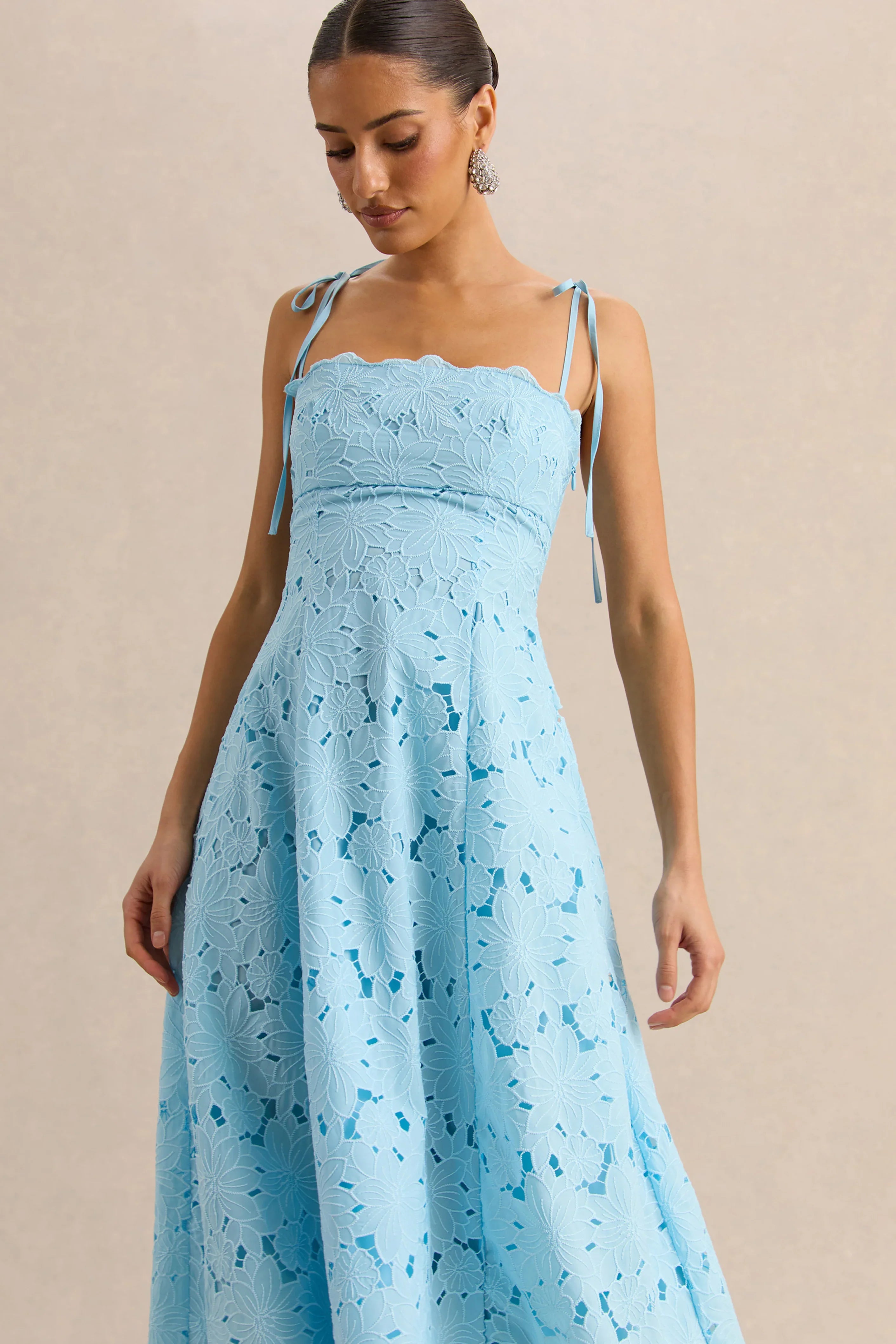 Anna Embroidered Powder Blue Square Neck Midi Dress