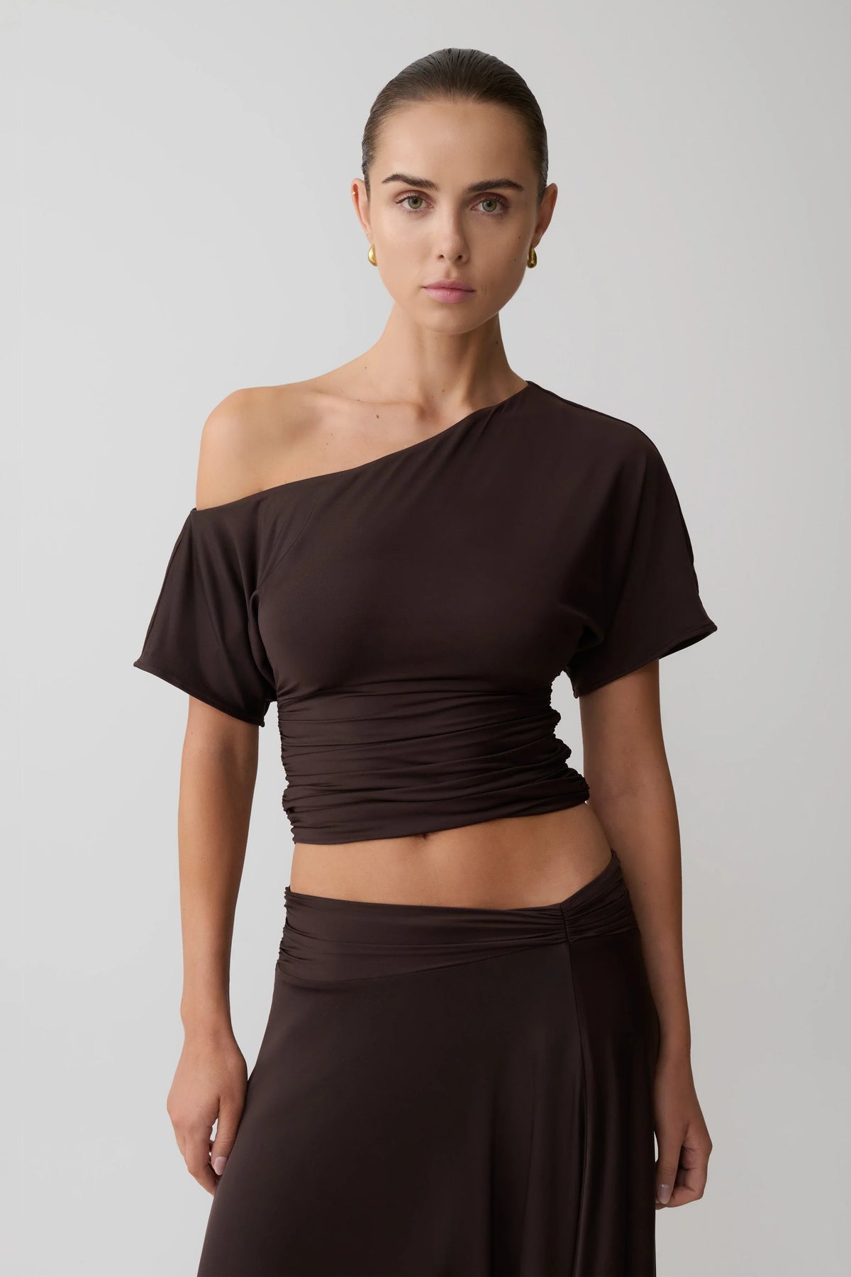Luu Off Shoulder Slinky Top Dark Chocolate