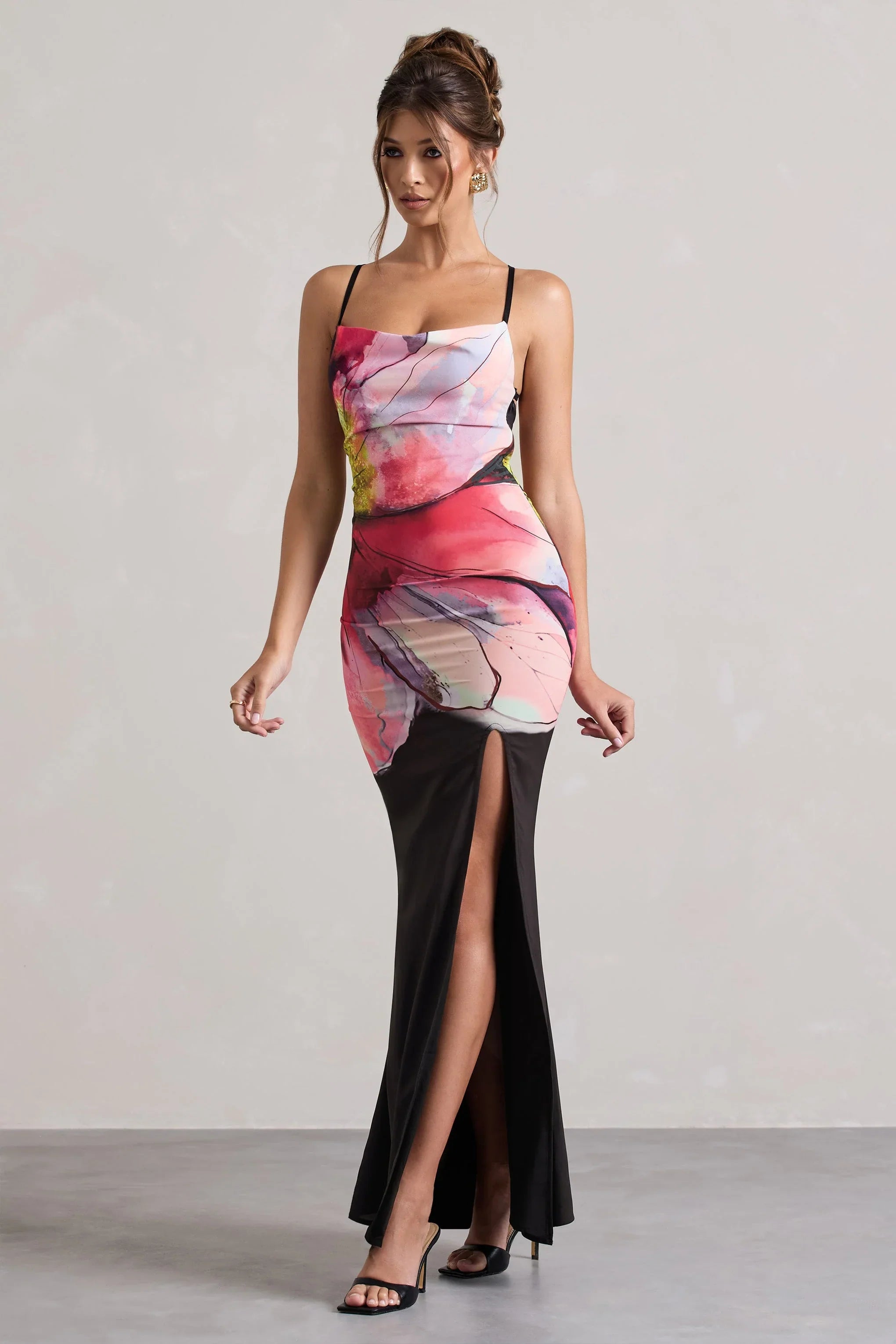 Kali Black Floral Print Cowl Neck Open Back Split Maxi Dress
