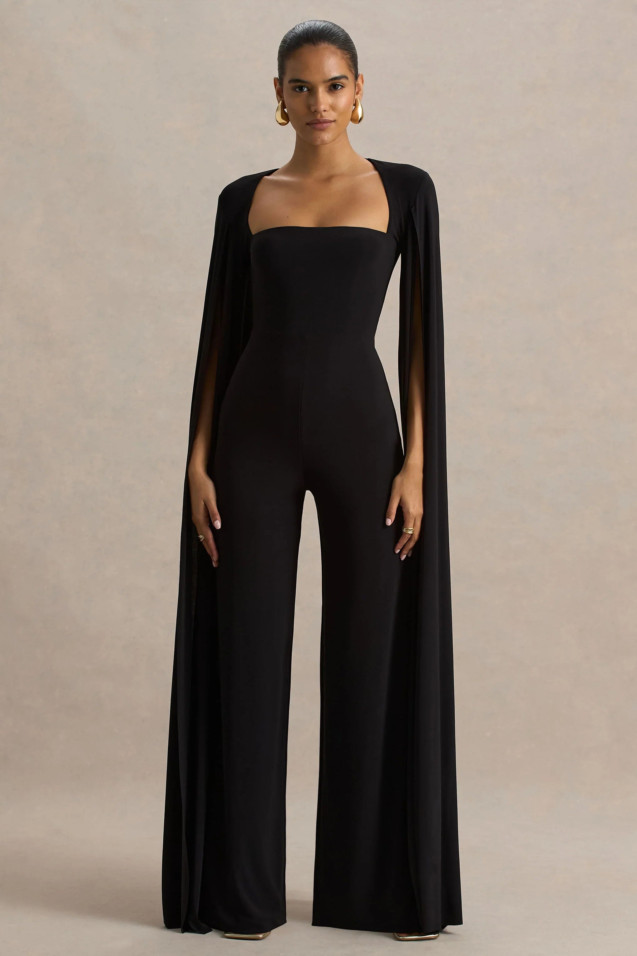 Zara Black Square Neck Jumpsuit With Cape Sleeves