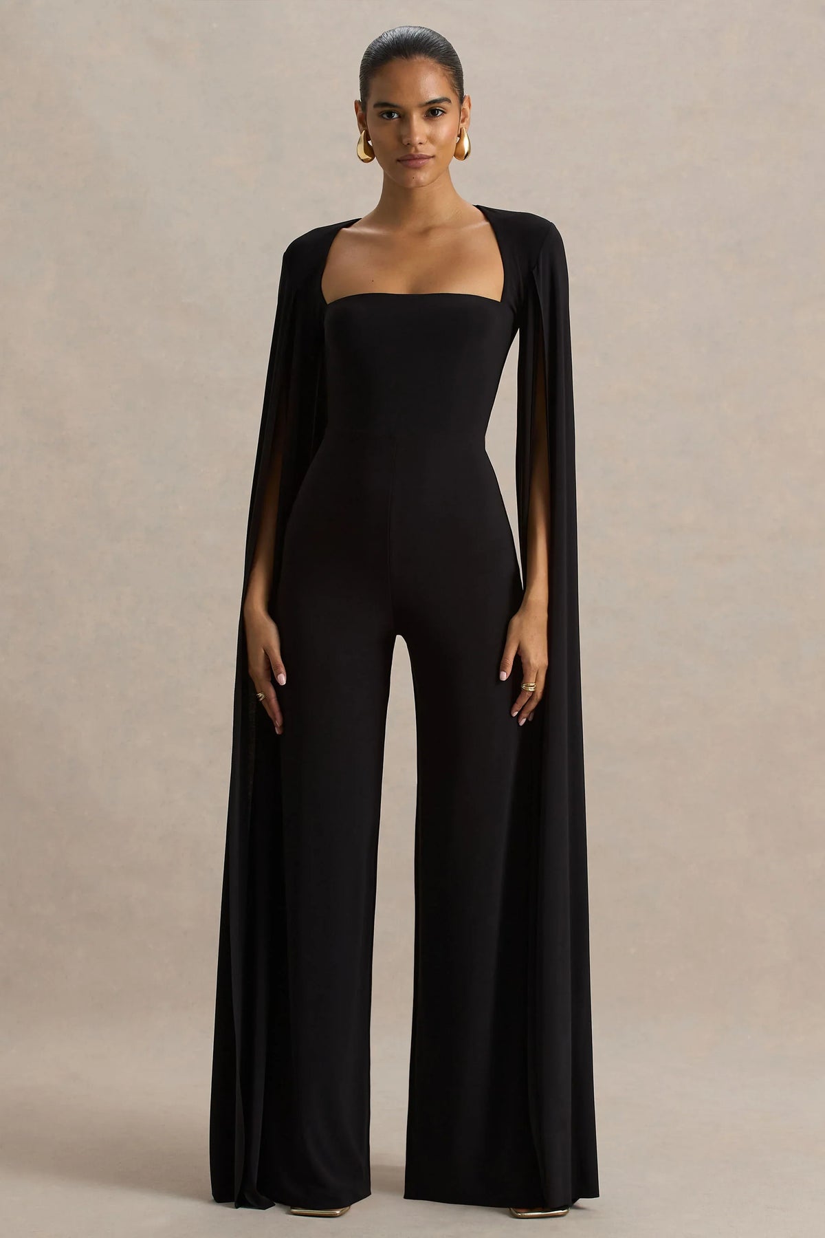 Zara Black Square Neck Jumpsuit With Cape Sleeves