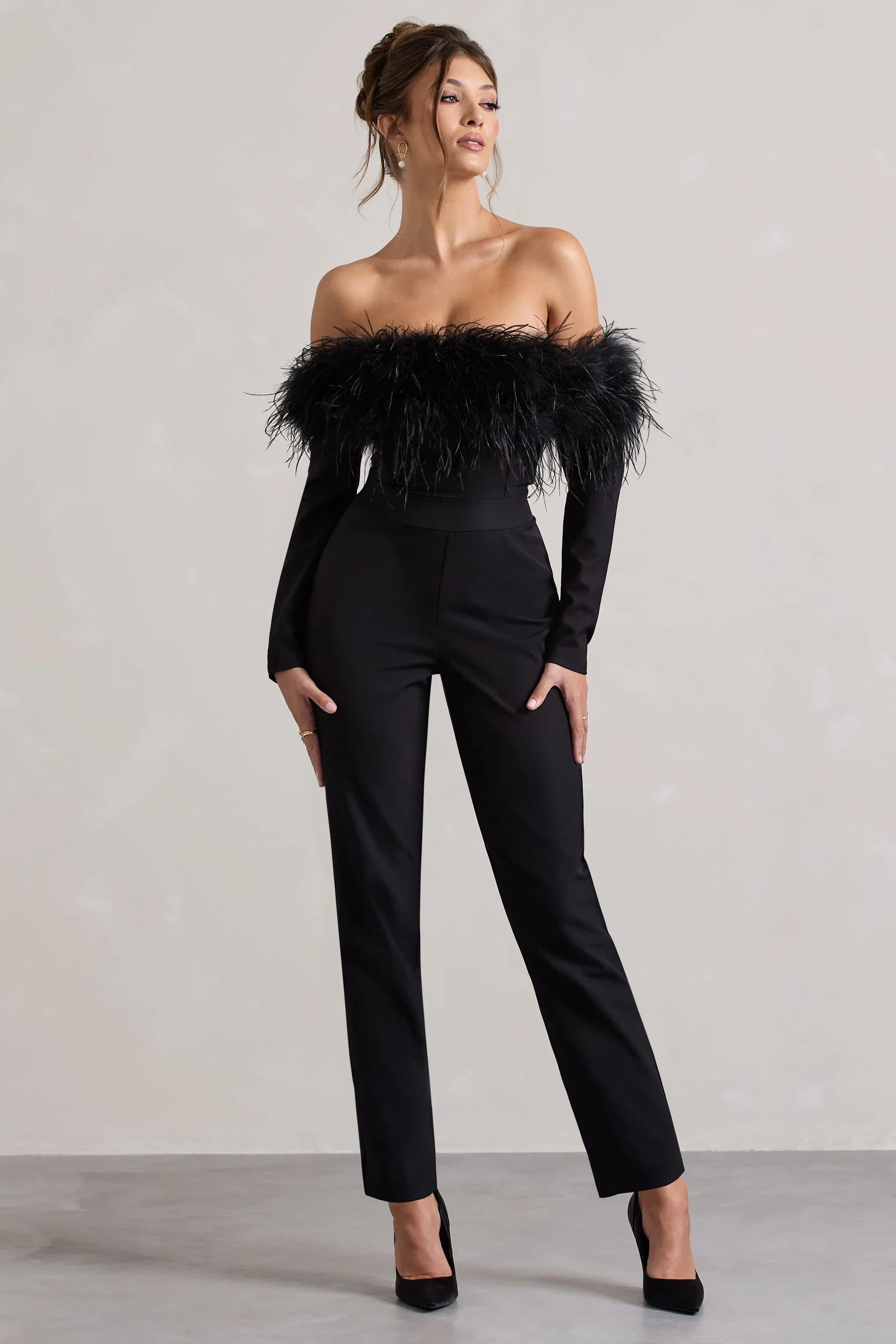 Ales Black Bardot Tailored Straight Leg Jumpsuit With Feather Trim
