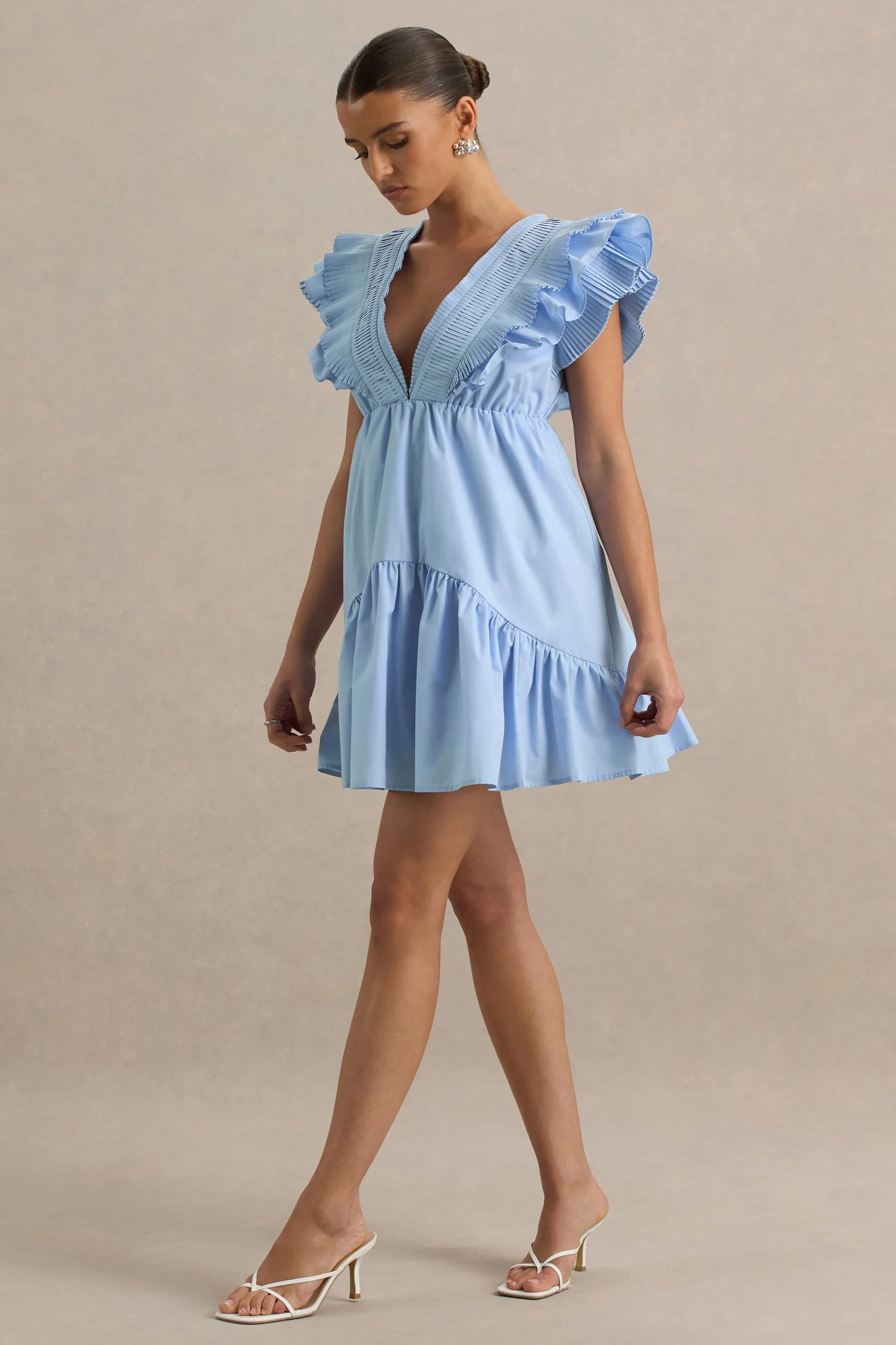 Judie Blue Poplin V Neck Ruffled Mini Dress