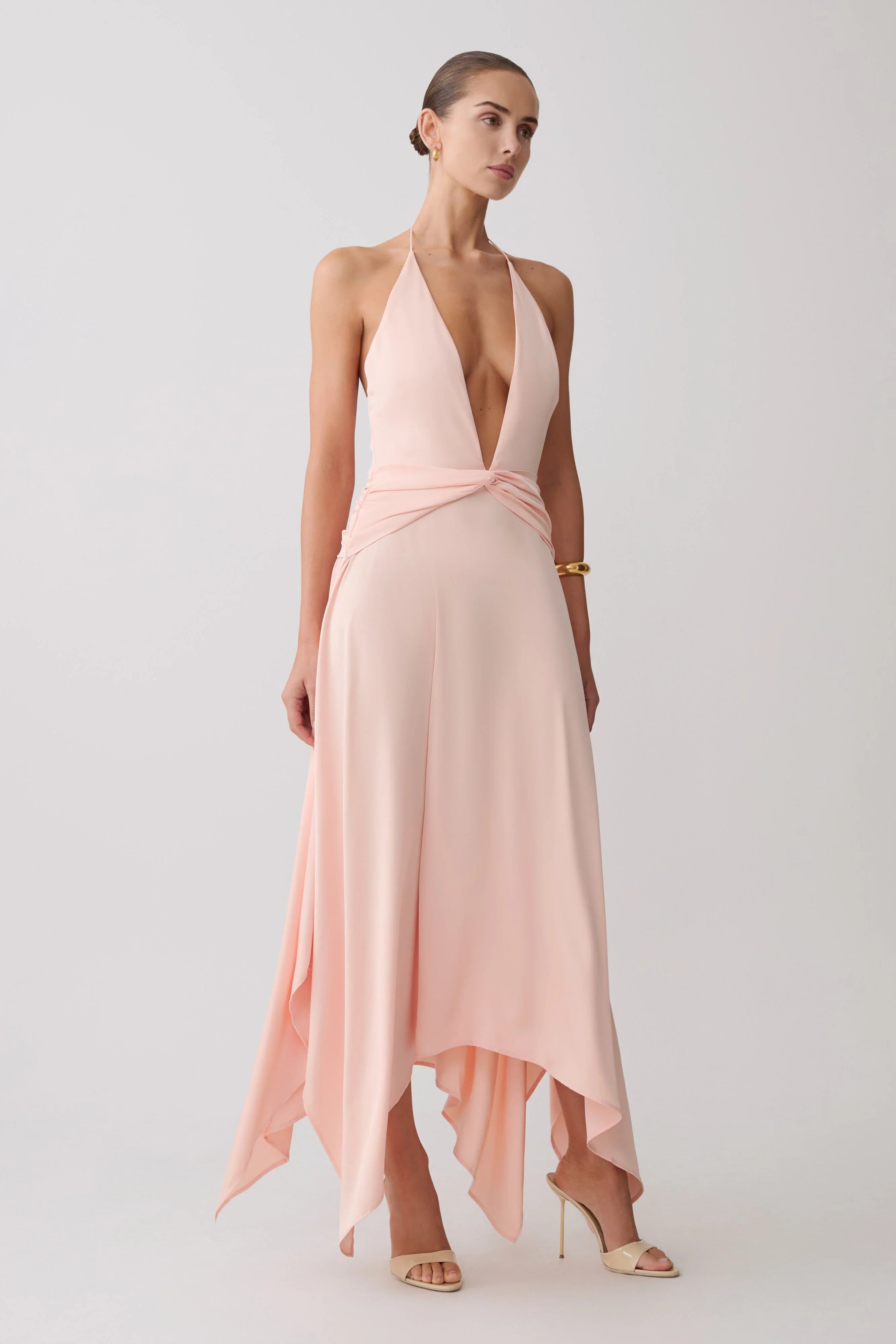 Cyra Plunge Satin Midi Dress Peach