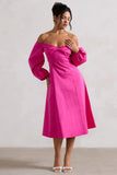 Santino Hot Pink Twisted Bardot Puff Sleeve Midi Dress