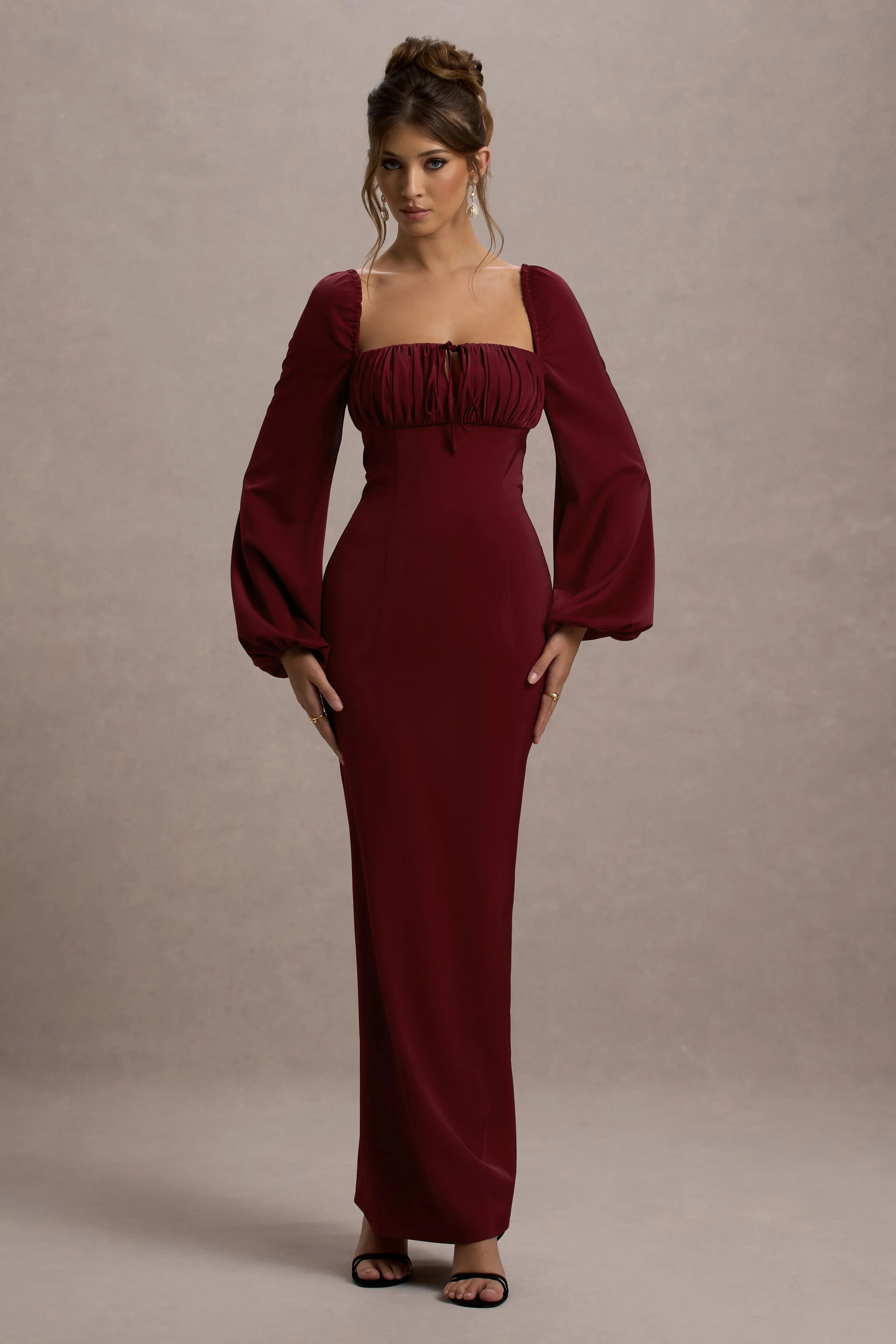 Nika Berry Satin Square Neck Balloon Sleeve Maxi Dress