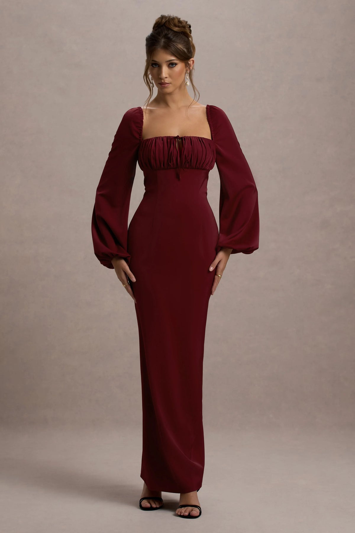 Nika Berry Satin Square Neck Balloon Sleeve Maxi Dress