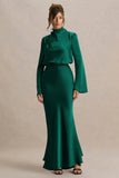 Celina Bottle Green Satin High Neck Maxi Dress