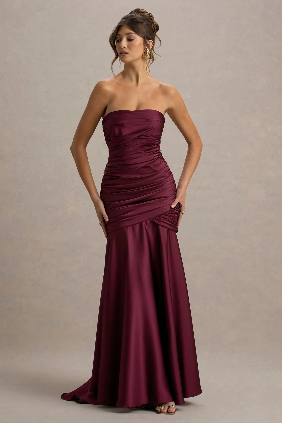 Cassidy Burgundy Satin Bandeau Gathered Maxi Dress