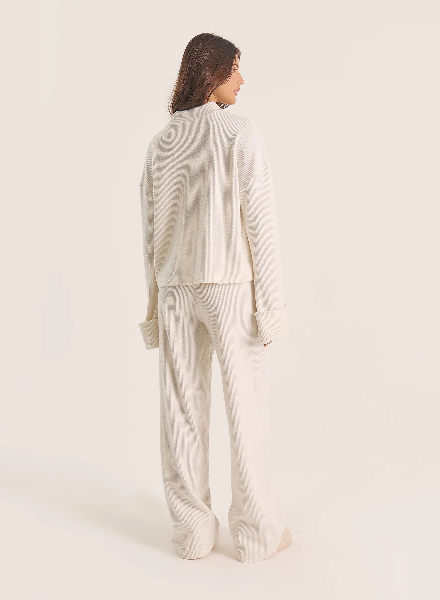 Ecru Foldover Waist Wide Leg Jersey Trousers