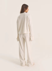 Ecru Foldover Waist Wide Leg Jersey Trousers