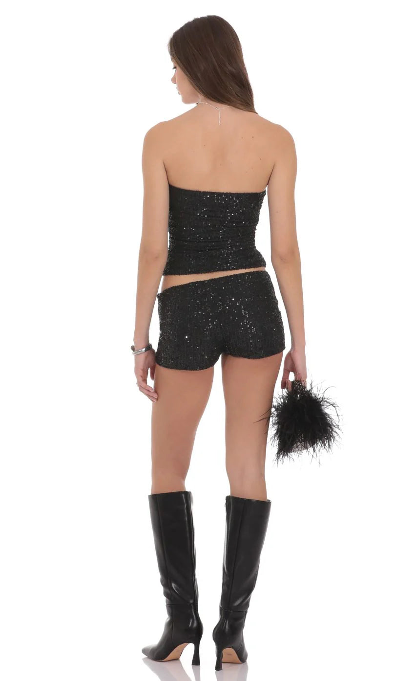 Sequin Ruched Tube Top in Black