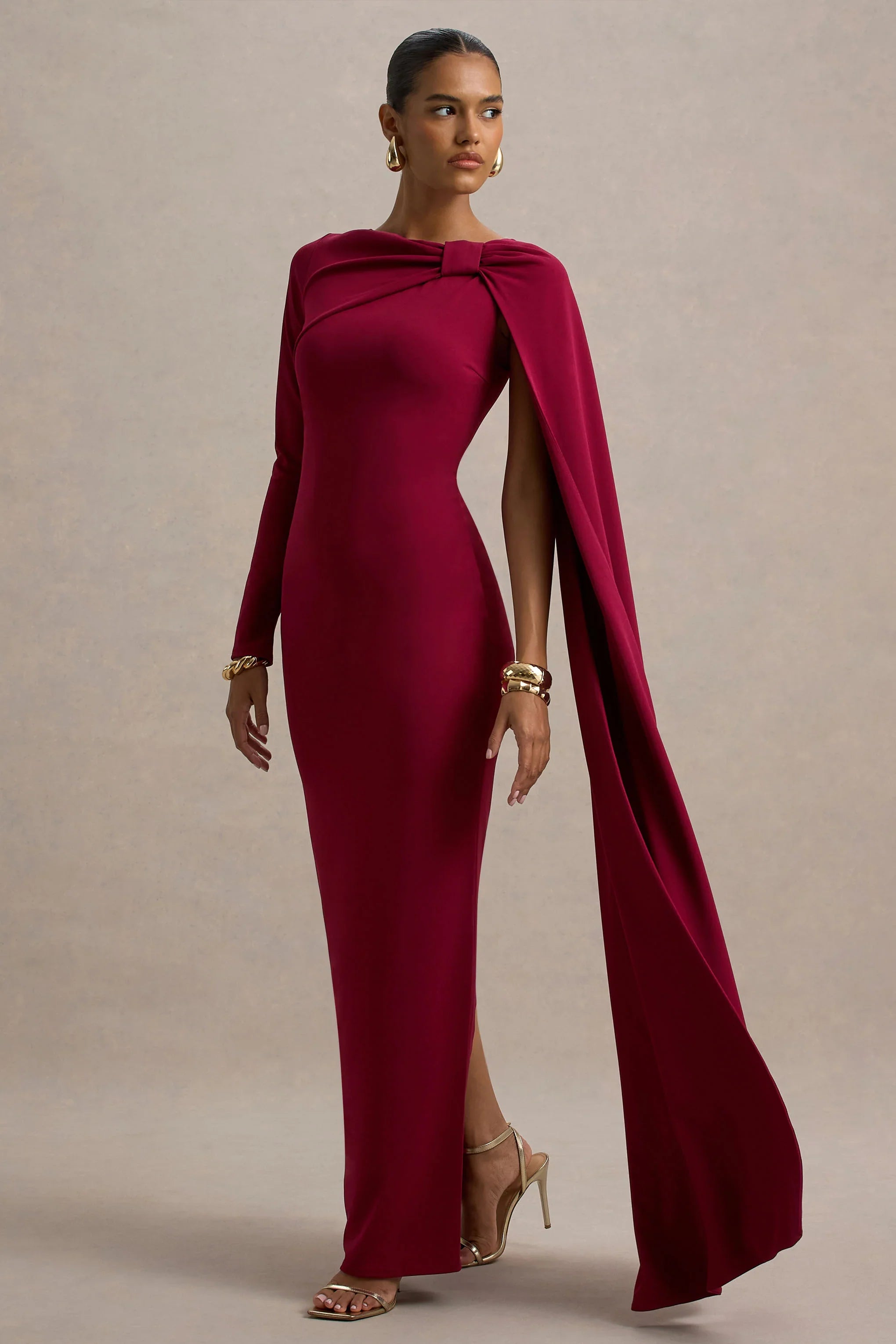 Frances Burgundy High Neck Maxi Dress With Cape Detail