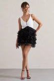 Riot Black White Plunge Neck Mini Dress With Organza Skirt