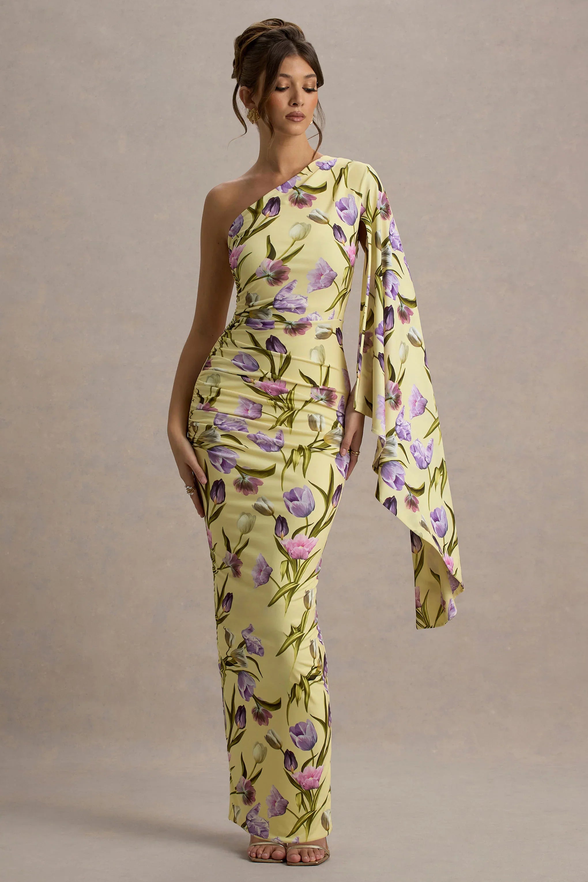 Clementina Tulip Floral Print Asymmetric Cape Sleeve Maxi Dress