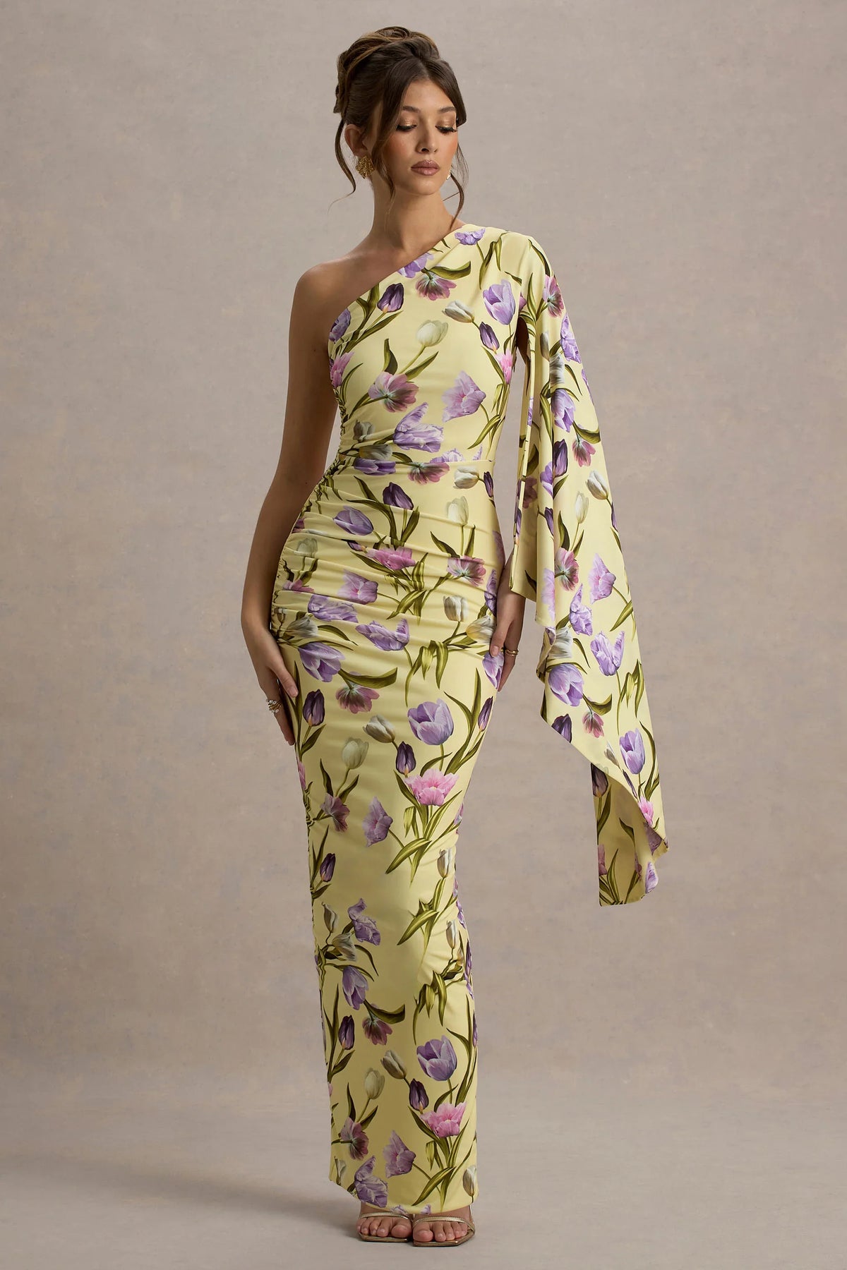 Clementina Tulip Floral Print Asymmetric Cape Sleeve Maxi Dress