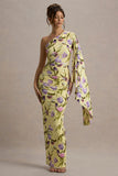 Clementina Tulip Floral Print Asymmetric Cape Sleeve Maxi Dress