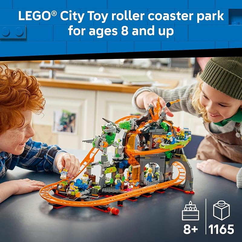LEGO City Lava Land Roller Coaster Park 60501 Building Toys for Boys Girls Ages 8 Functioning Rides 8 Minifigures 1165 pieces Gift for Birthdays