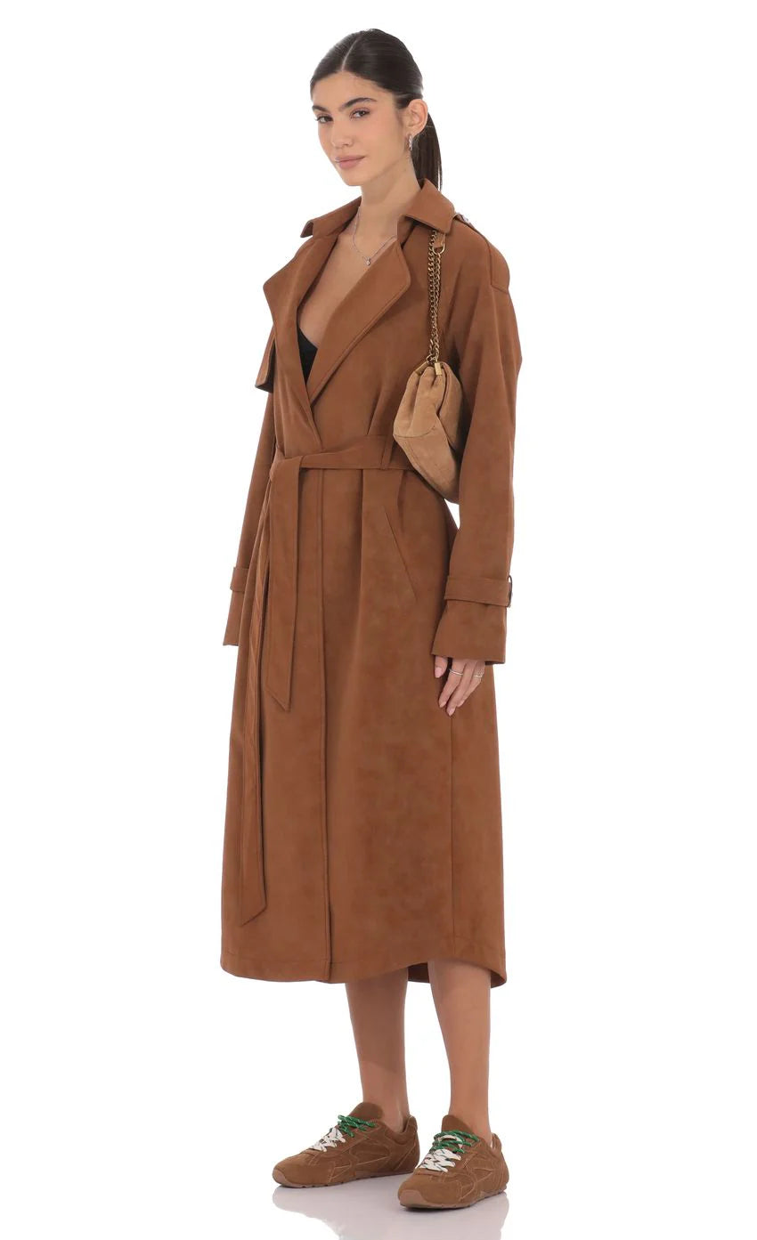 Faux Leather Trench Coat in Camel