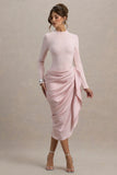 Raffie Pink Long Sleeve Midi Dress With Satin Wrap Skirt