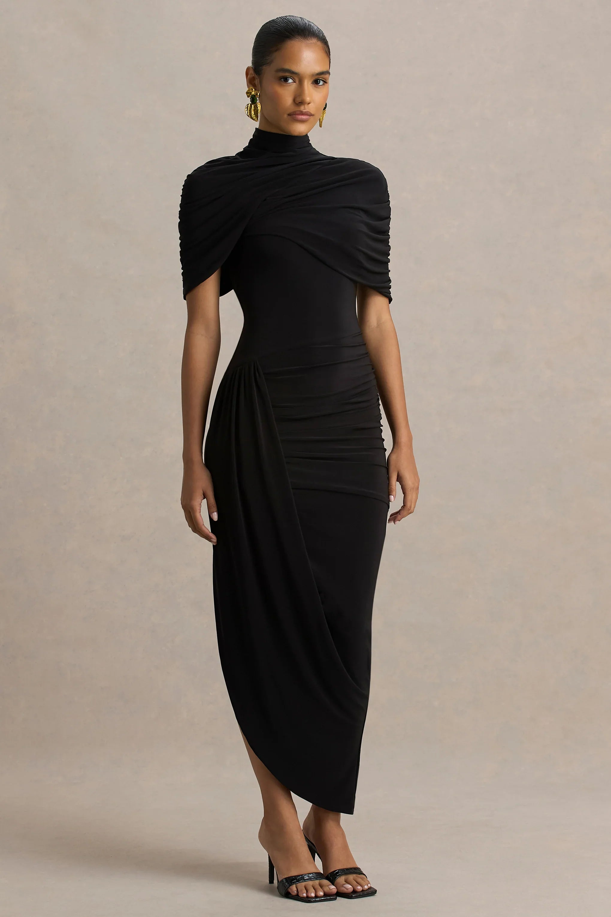 Enchant Black Asymmetric Twisted Cape Midi Dress