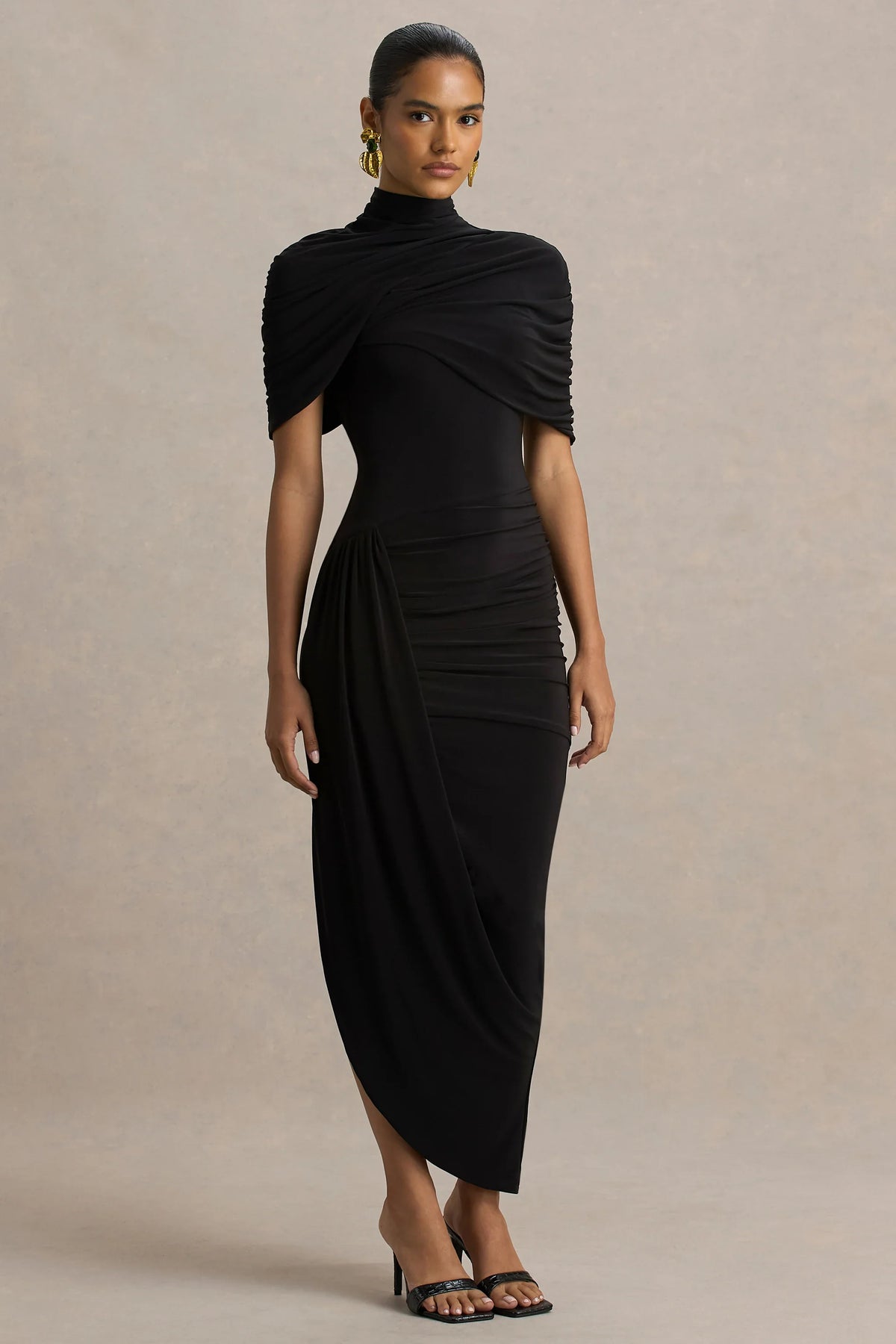 Enchant Black Asymmetric Twisted Cape Midi Dress