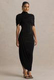 Enchant Black Asymmetric Twisted Cape Midi Dress