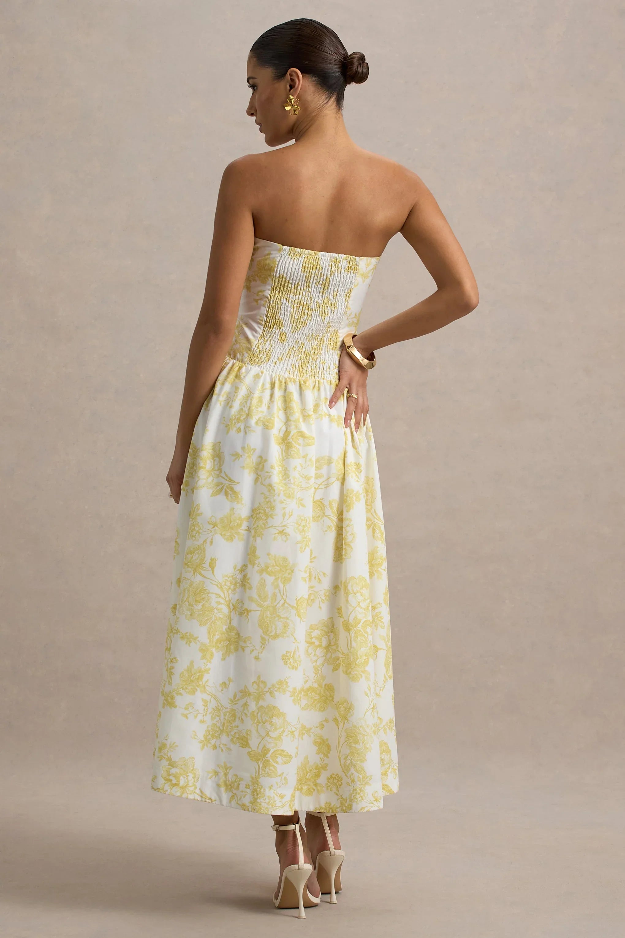 Bluebell Lemon Porcelain Print Poplin Bandeau Drop Waist Midi Dress