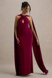 Rhoda Burgundy Twist Halter Neck Cape Maxi Dress