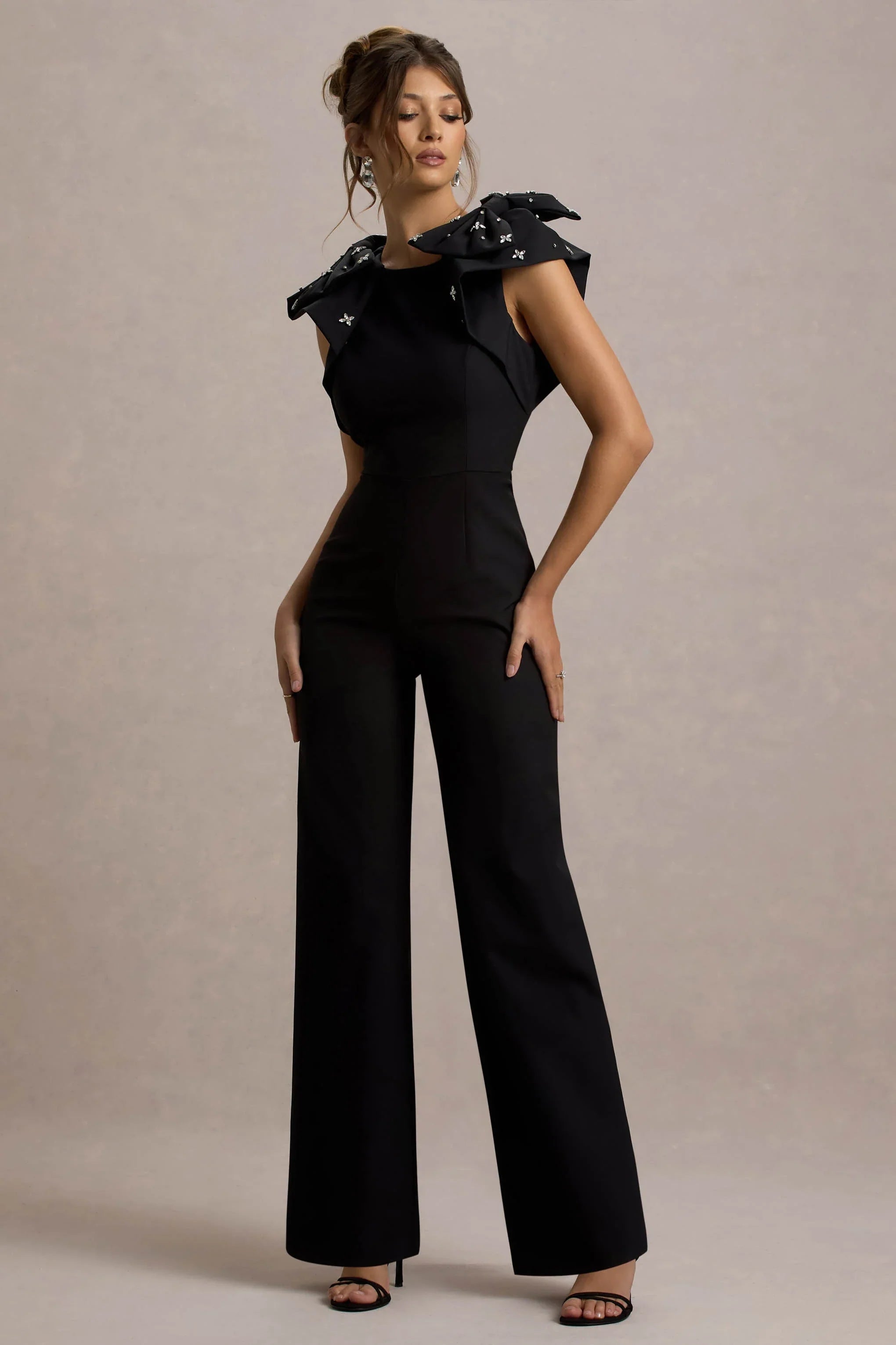 Elma Black Straight Leg Jumpsuit With Embellished Bows