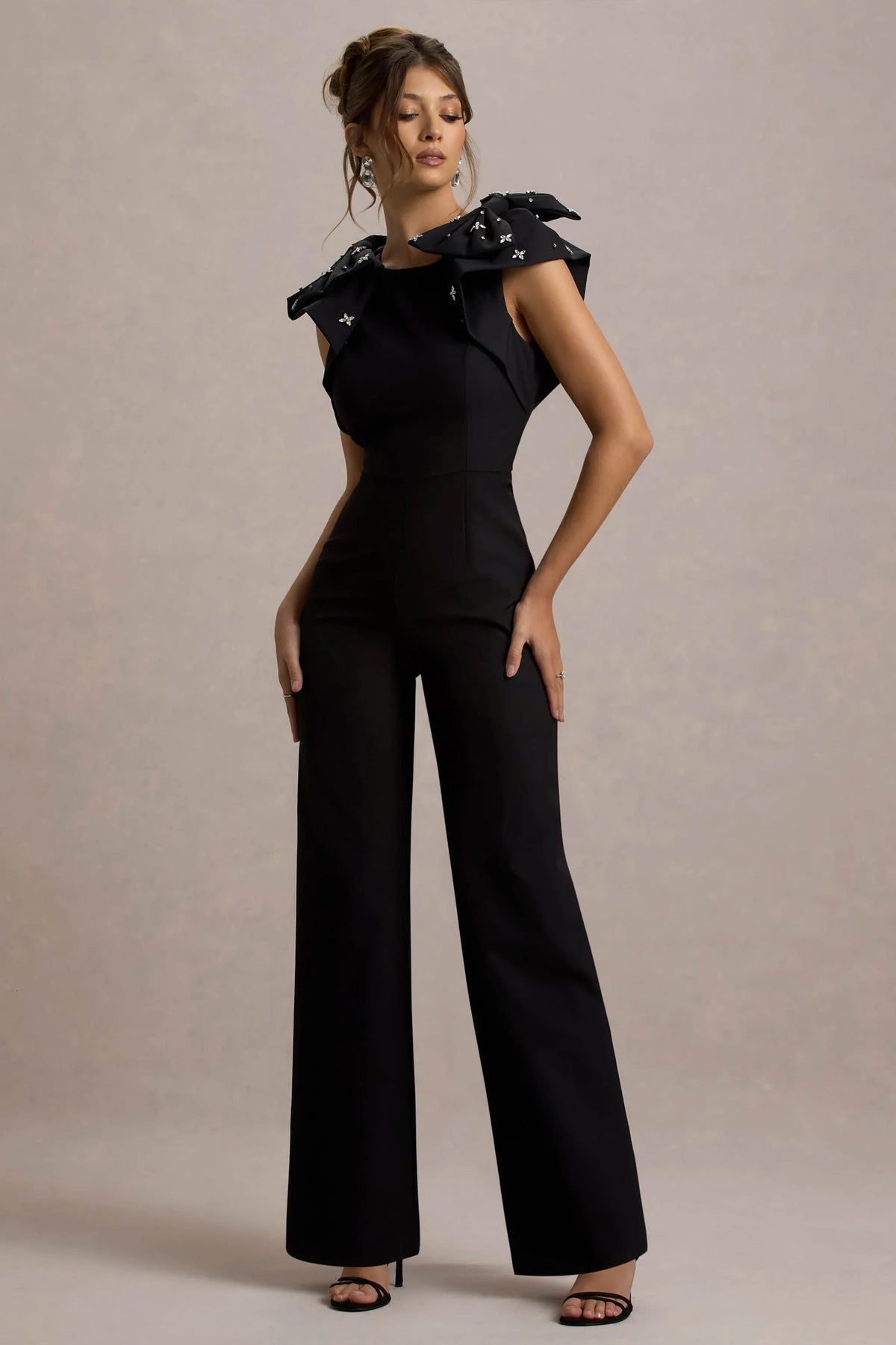 Elma Black Straight Leg Jumpsuit With Embellished Bows
