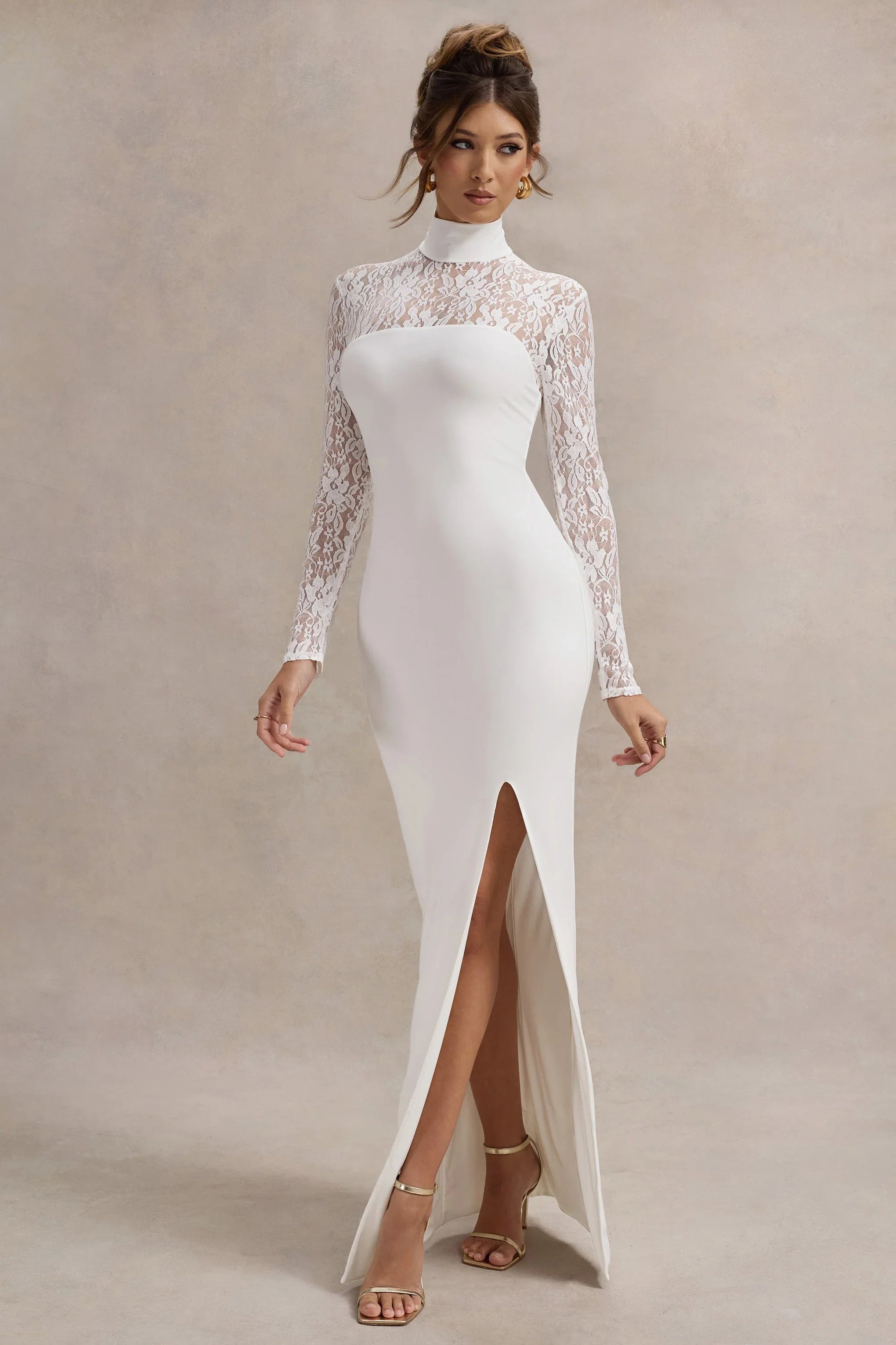 Arden White High Neck Split Maxi Dress With Lace Sleeves