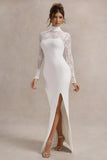 Arden White High Neck Split Maxi Dress With Lace Sleeves