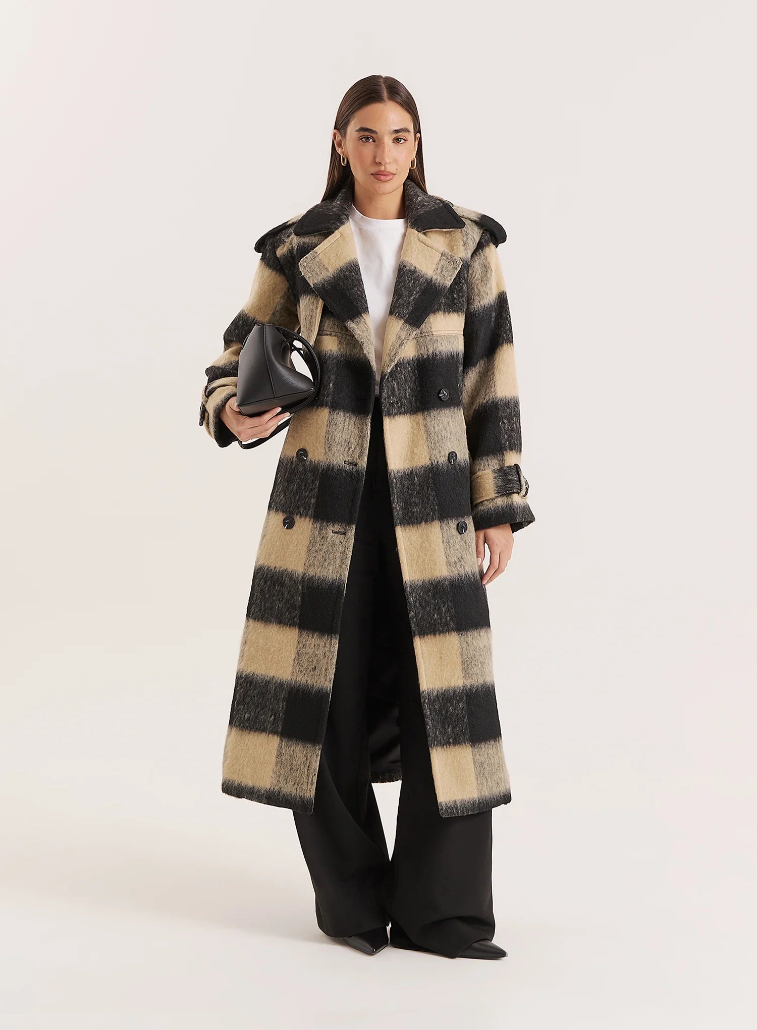 Black Beige Check Longline Belted Trench Coat