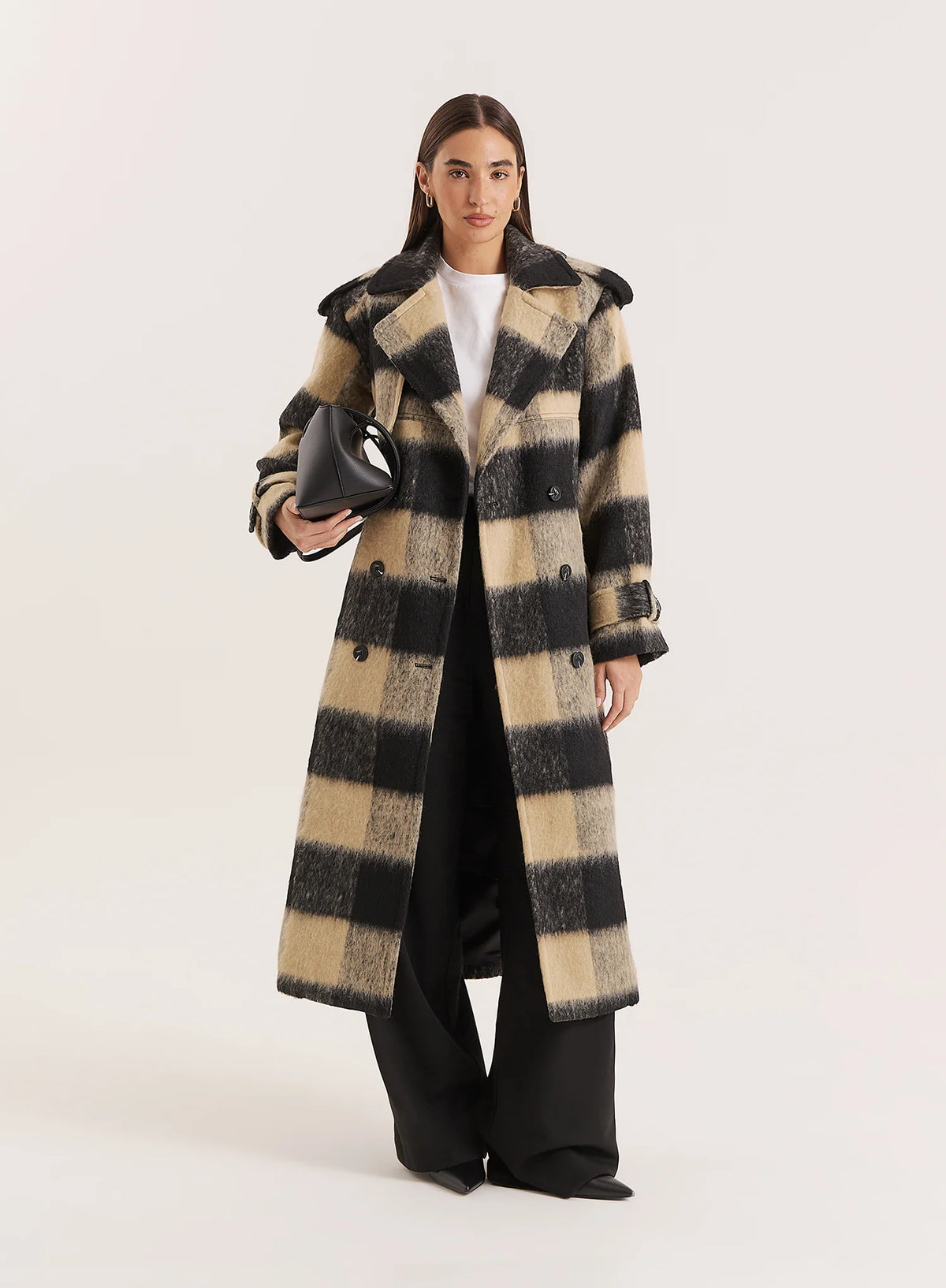Black Beige Check Longline Belted Trench Coat
