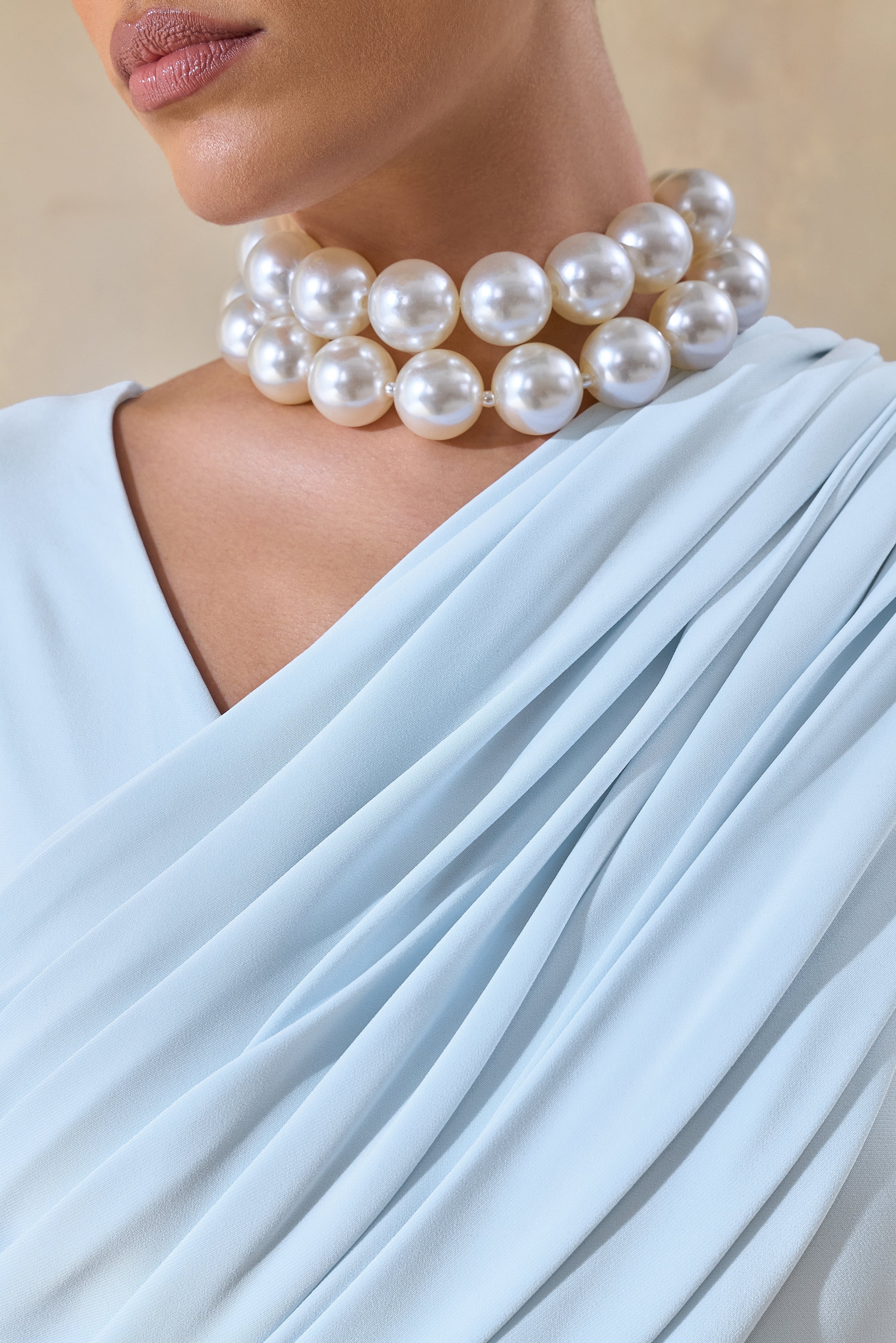 Rubelle Powder Blue Asymmetric Neck Maxi Dress With Draped Detailing