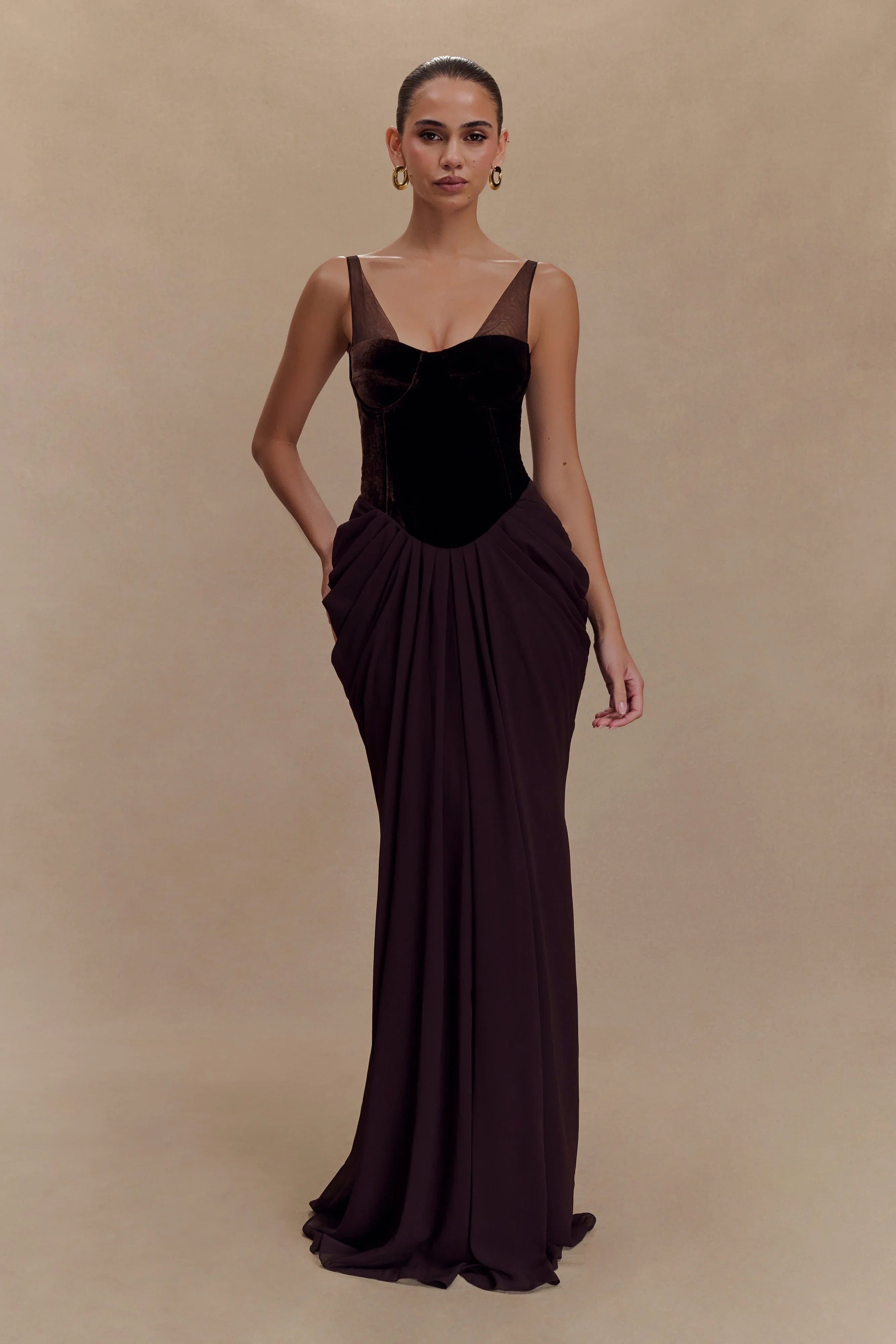 Roxanne Velvet Corset Maxi Dress Cacao Brown